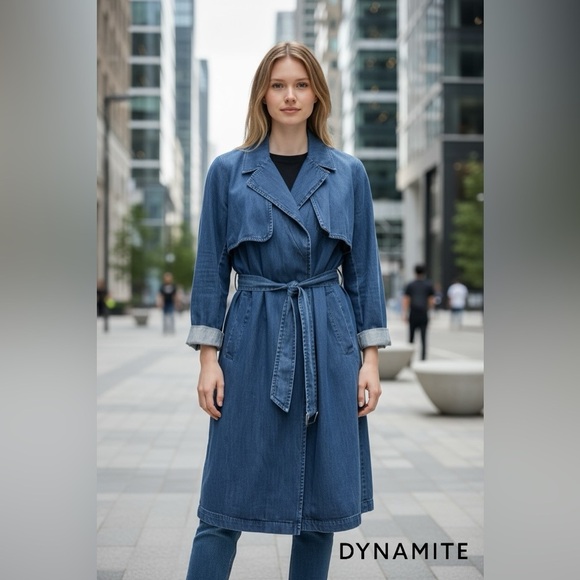 NEW, Dynamite, Long Denim Trench Coat, Size Large, Blue - Picture 1 of 11